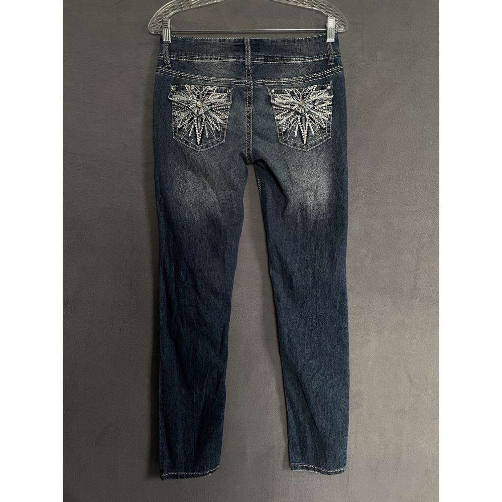 L.e.i. Woman's Junior Bootcut Flap Jeweled Pockets Skinny Low Rise Straight Sz5